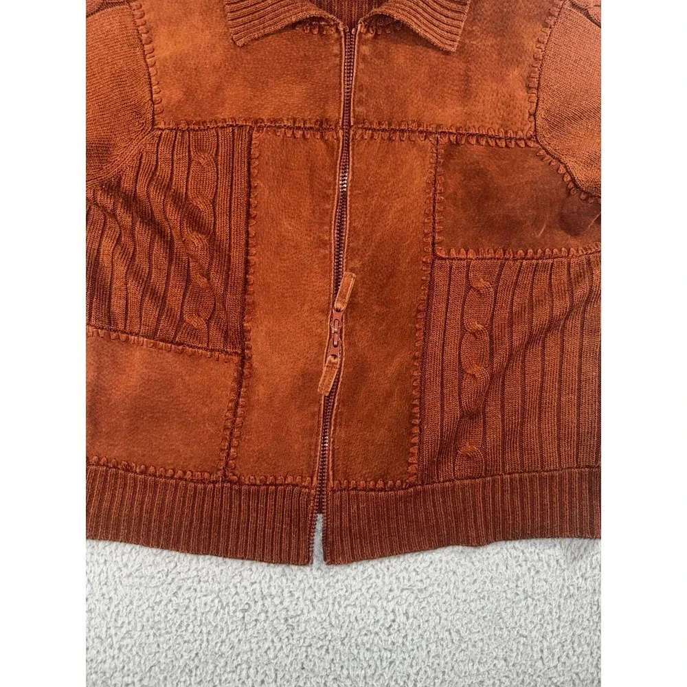 Vtg Leather Patchwork Sweater Mens L Rust Orange Knit‎ Two Way Zip Mock Neck y2k